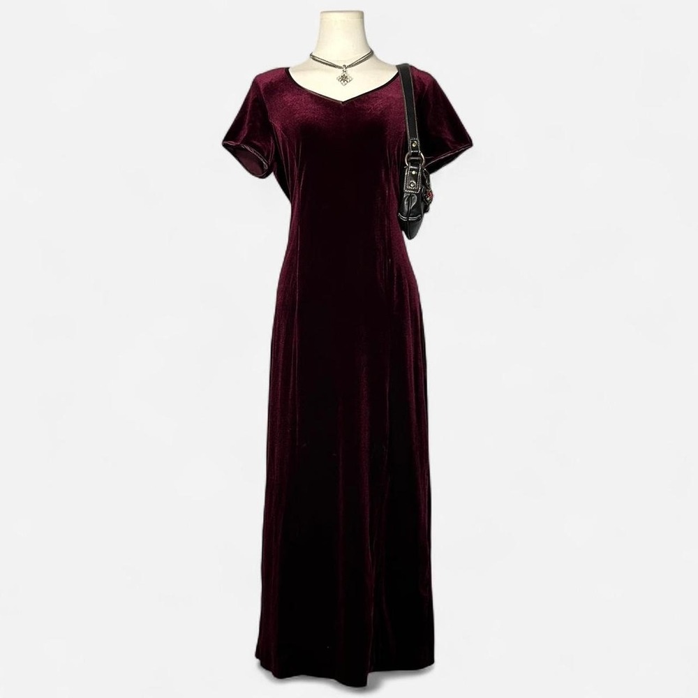 Y2K Burgundy Velvet Maxi Dress V Neck Short Sleeve Whimsigoth Witchy Womens 8